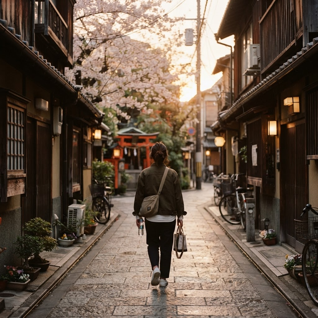 A quiet Japanese residential street at golden hour