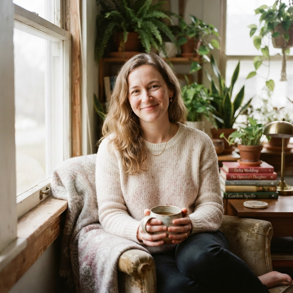 Jan, the author of Southern Sakura, holding a cup of tea by a window
